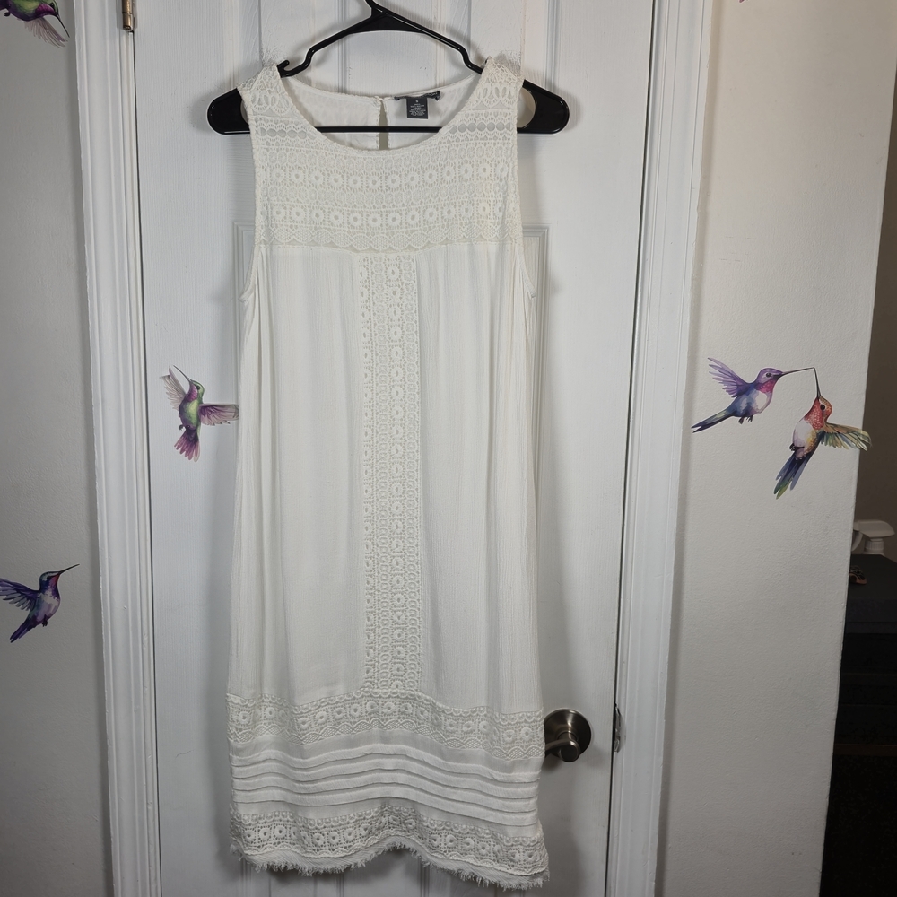 Chelsea & Theodore White Lace Inset Shift Dress Boho Eyelet S